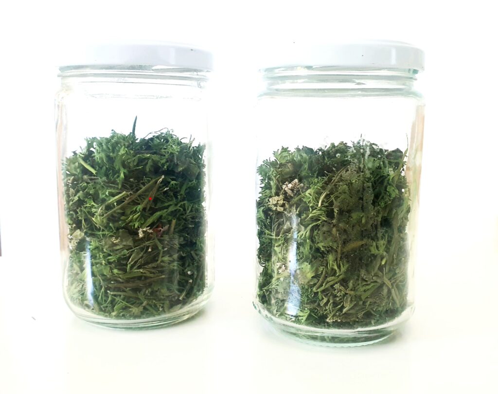 2 glazen potjes met gedroogde kruiden